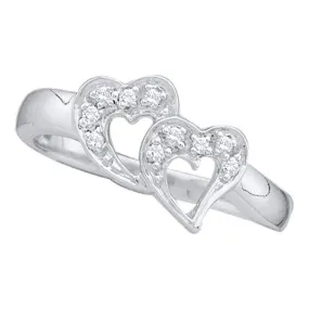 14kt White Gold Womens Round Diamond Double Heart Love Ring 1/12 Cttw