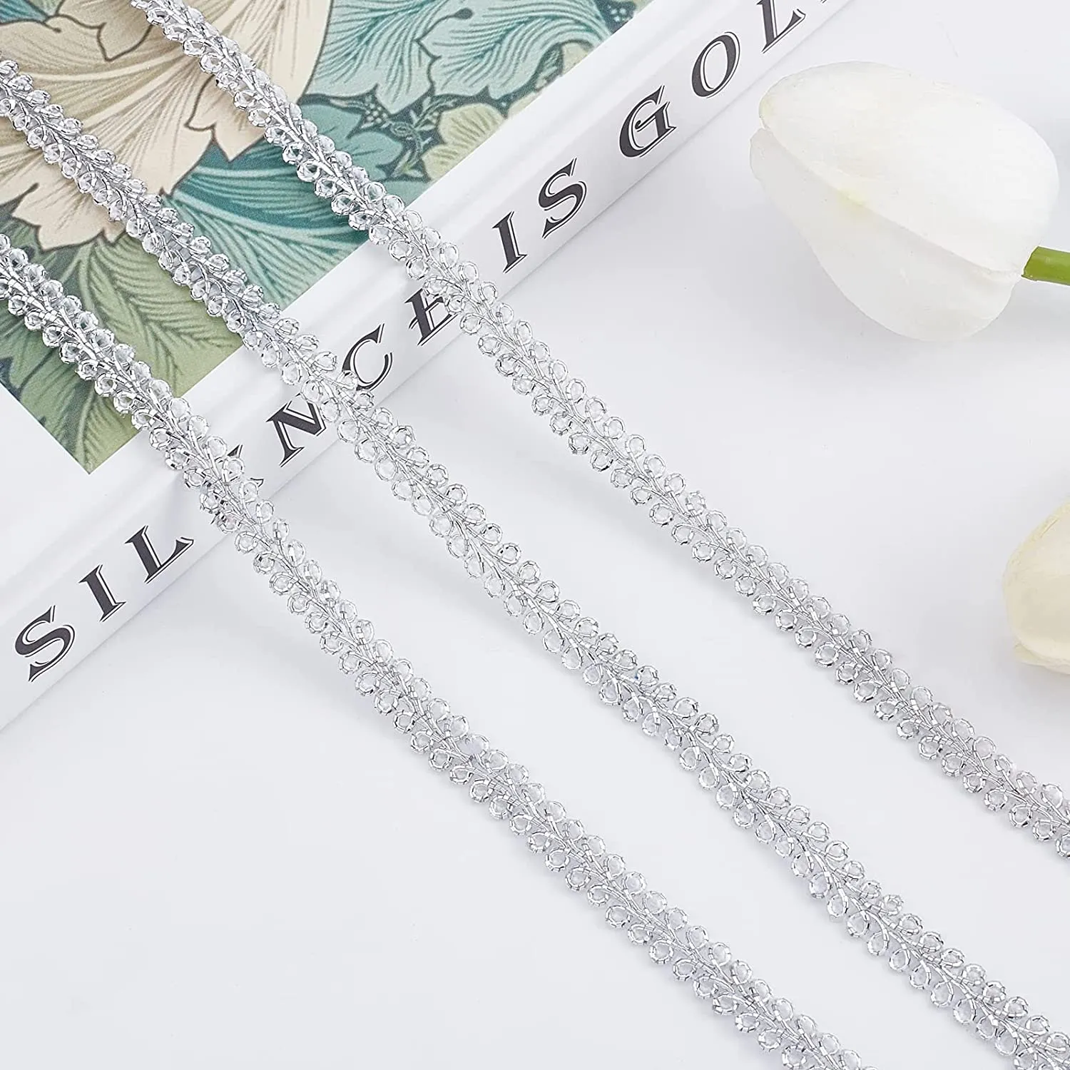 15 Yards Metallic Braid Lace Trim, Flower Pattern Silver Centipede Lace Ribbon Decorated Gimp Trim for Wedding Bridal, Costume or Jewelry, Crafts and Sewing 1/4(8mm) x1.3mm