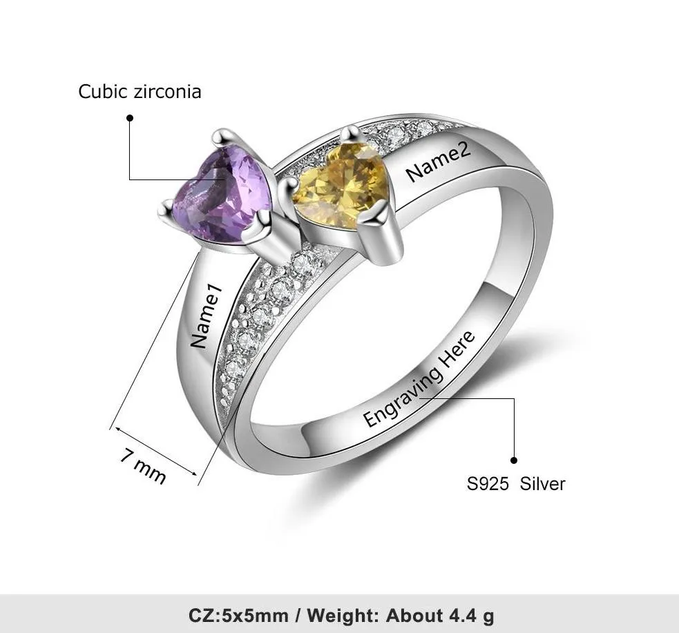 2 Heart Birthstones & 3 Engravings 925 Sterling Silver Womens Ring