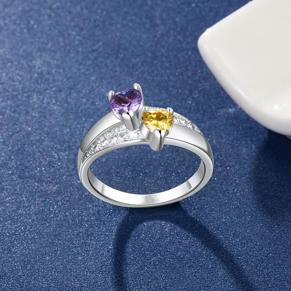 2 Heart Birthstones & 3 Engravings 925 Sterling Silver Womens Ring