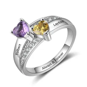2 Heart Birthstones & 3 Engravings 925 Sterling Silver Womens Ring