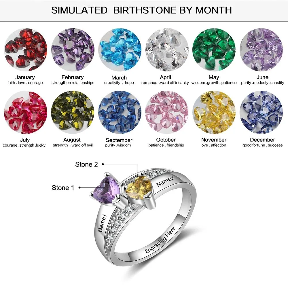2 Heart Birthstones & 3 Engravings 925 Sterling Silver Womens Ring
