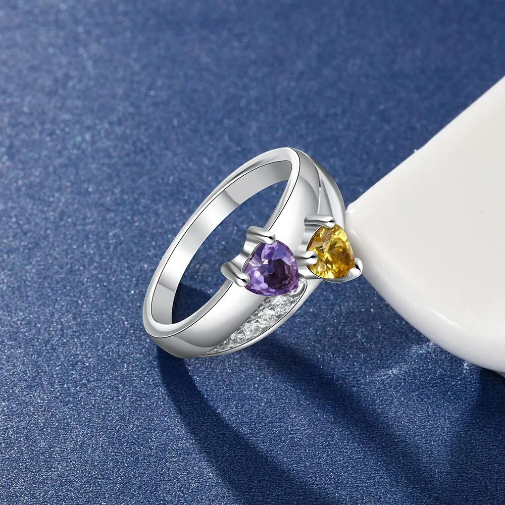 2 Heart Birthstones & 3 Engravings 925 Sterling Silver Womens Ring