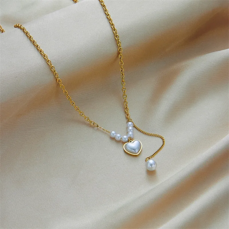 316L Stainless Steel Pearl Necklace For Women 2022 Fashion Heart Pendant Necklaces