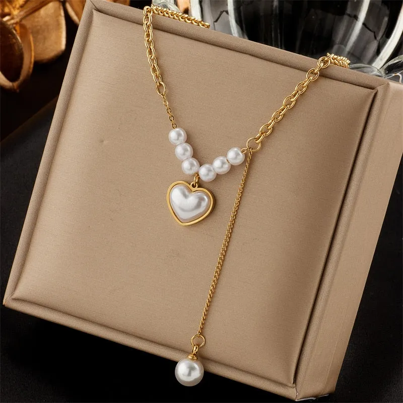 316L Stainless Steel Pearl Necklace For Women 2022 Fashion Heart Pendant Necklaces