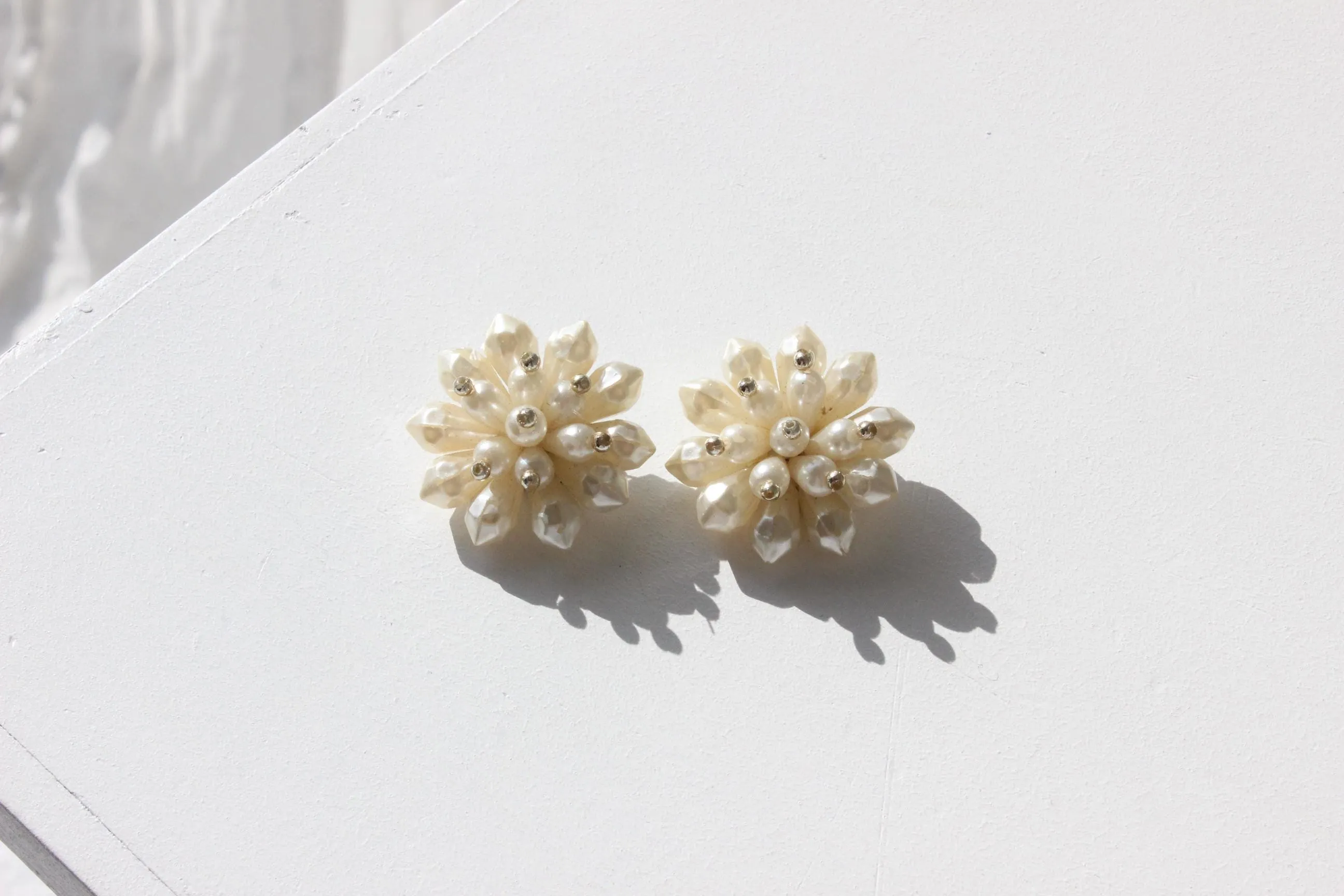 60s Baroque Pearl 'Flower' Cluster Clip On Wedding Earrings