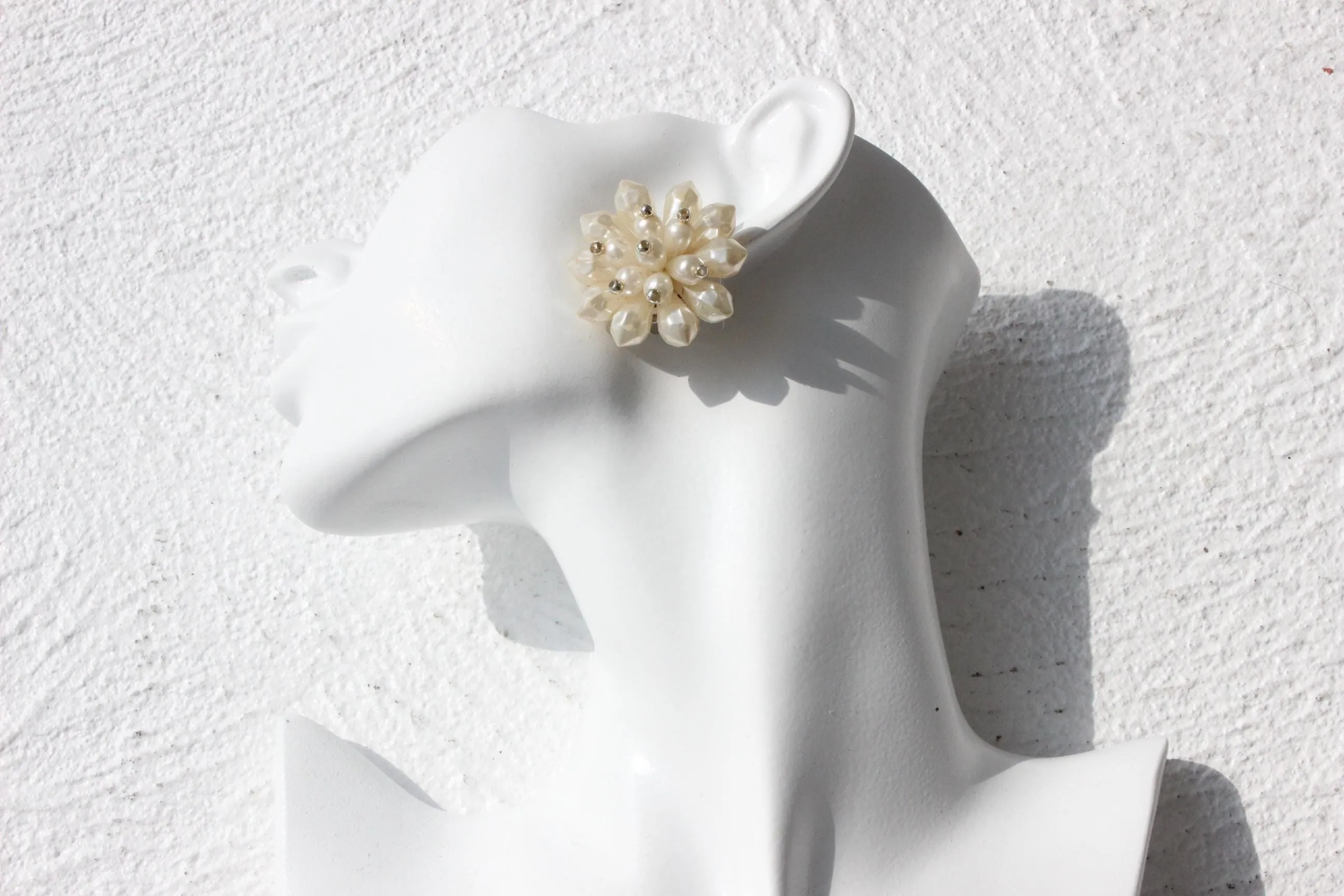 60s Baroque Pearl 'Flower' Cluster Clip On Wedding Earrings