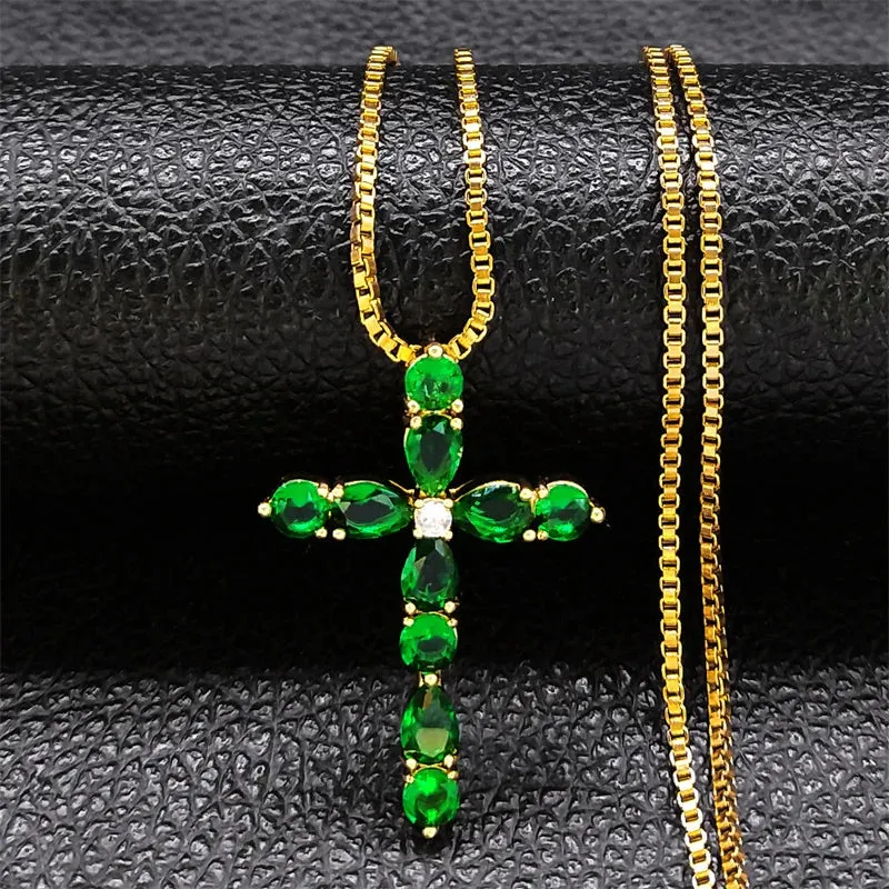 Aesthetic Cross Green Zircon Copper Pendant Necklace Gold Color