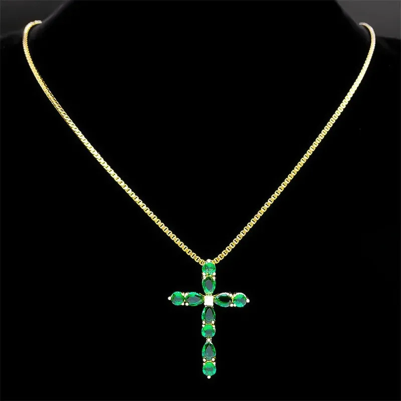 Aesthetic Cross Green Zircon Copper Pendant Necklace Gold Color