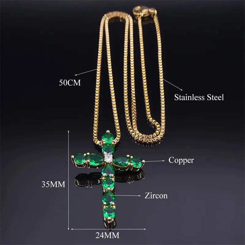 Aesthetic Cross Green Zircon Copper Pendant Necklace Gold Color