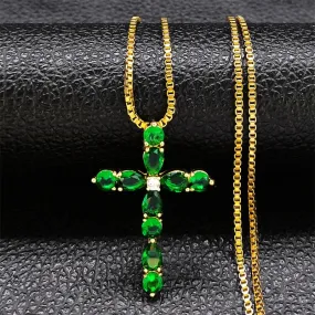Aesthetic Cross Green Zircon Copper Pendant Necklace Gold Color