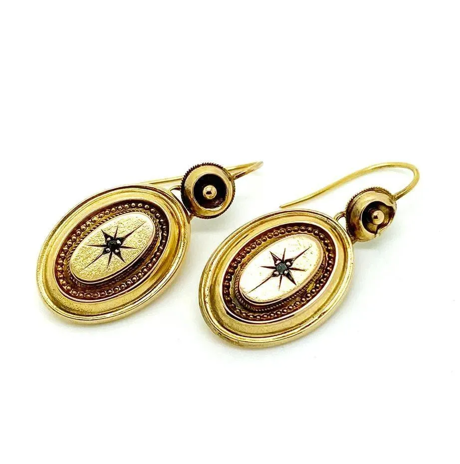 Antique Victorian 9ct Gold Diamond Star Drop Earrings
