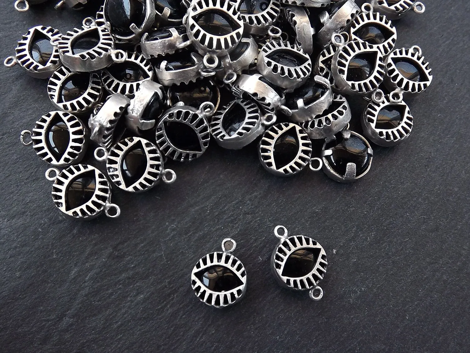 Black Evil Eye Jade Onyx Connector Charm, Evil Eye Pendant, Evil Eye Charm, Necklace Pendant, Lucky, Protective - Antique Silver Plated