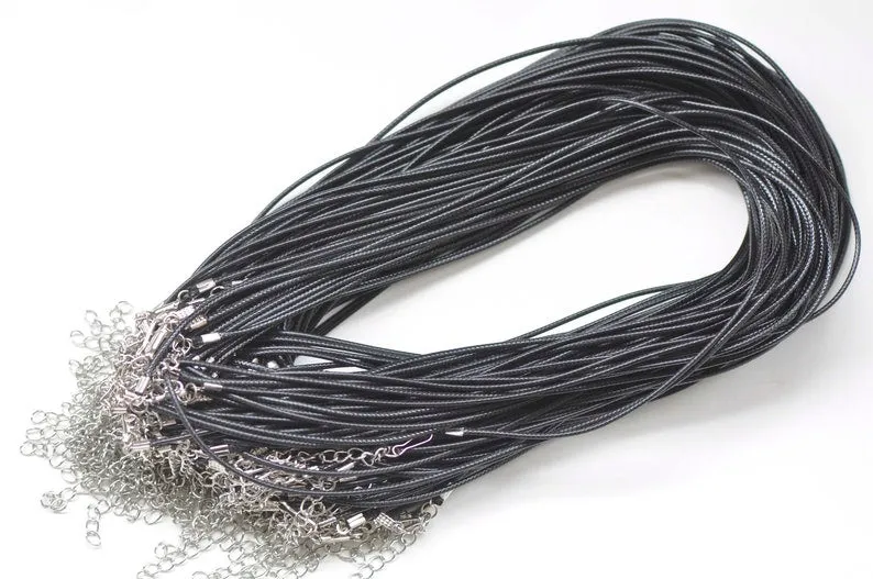 Black Wax Cord Necklaces With Lanyard Hook Spring Clips 1.5mm