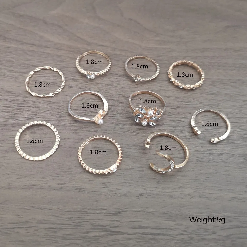 Bohemian Gold Chain Moon Star Heart Leaf Rings Set For Women