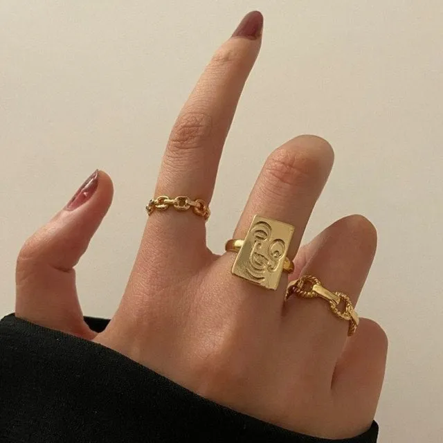 Bohemian Gold Chain Moon Star Heart Leaf Rings Set For Women