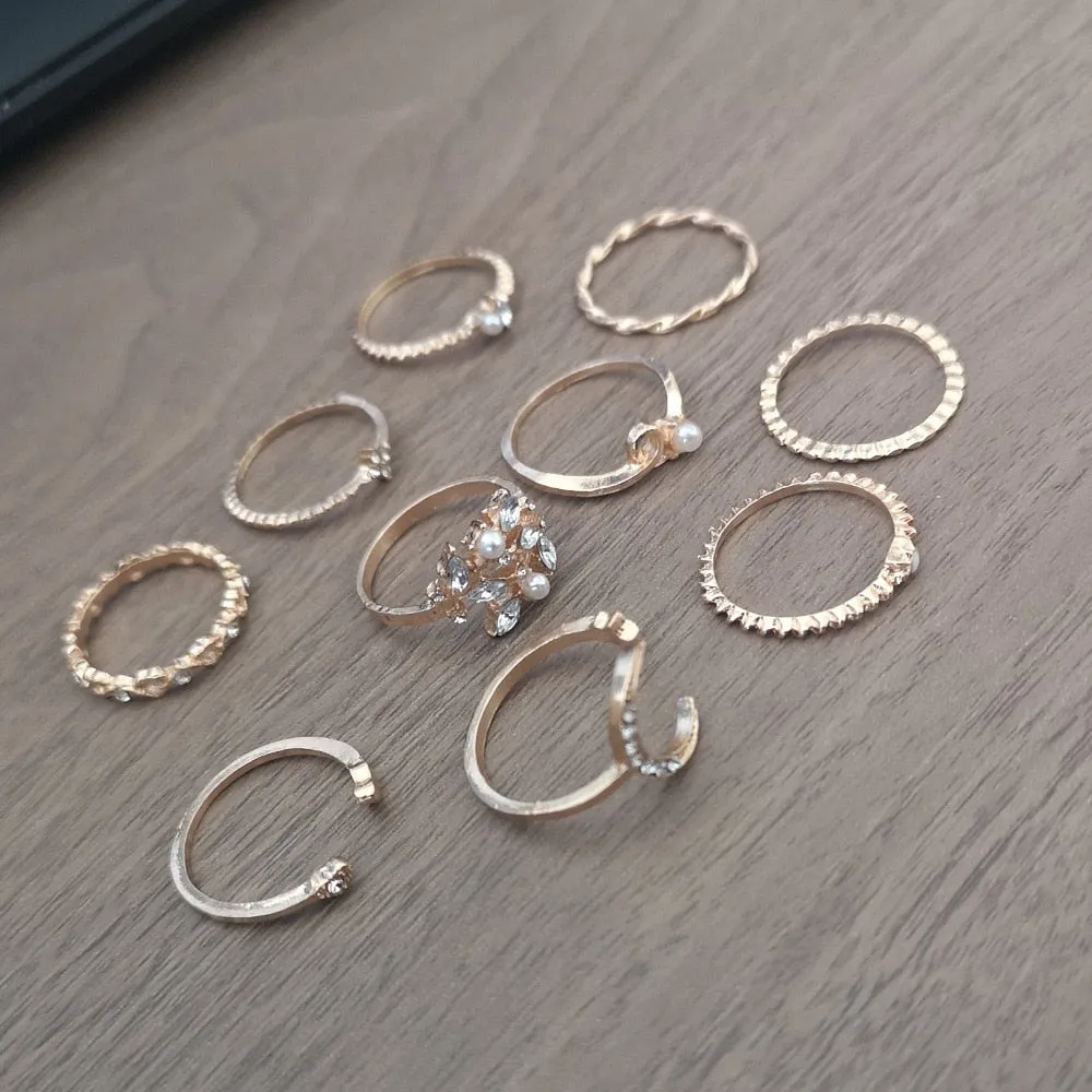 Bohemian Gold Chain Moon Star Heart Leaf Rings Set For Women
