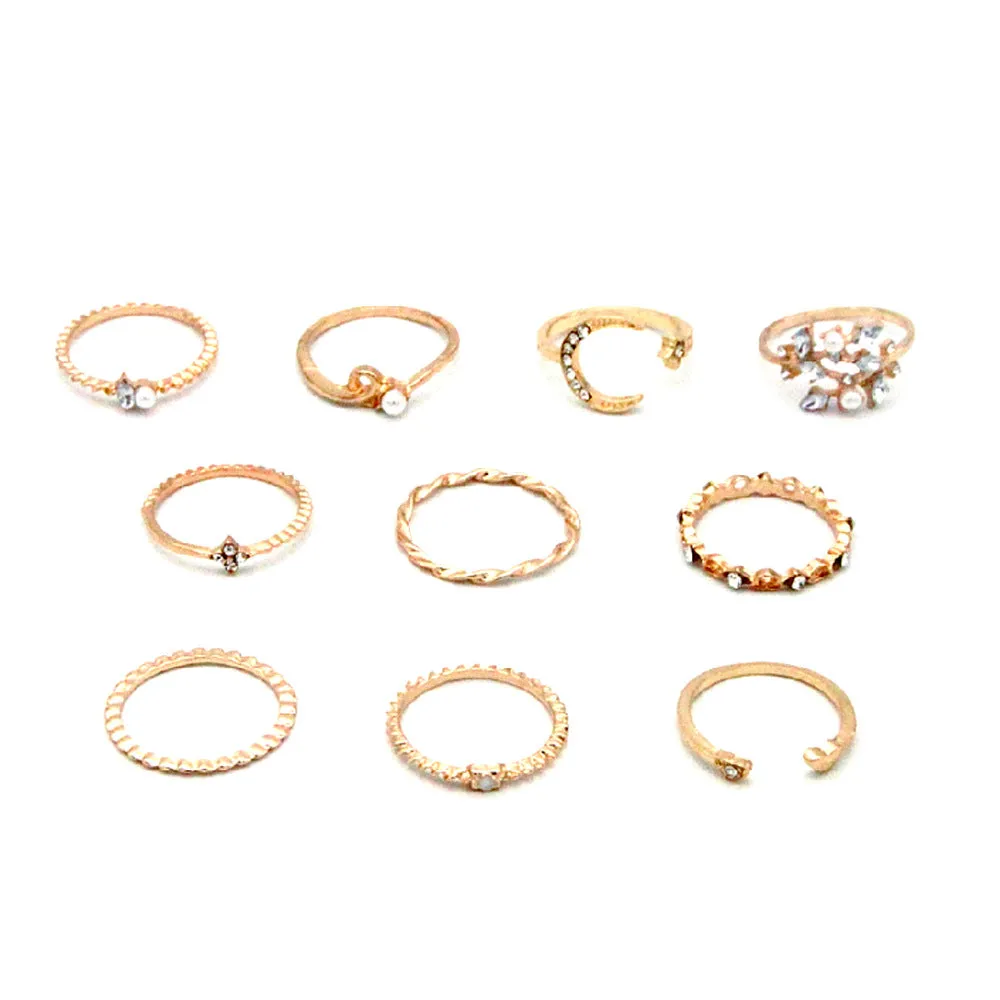 Bohemian Gold Chain Moon Star Heart Leaf Rings Set For Women