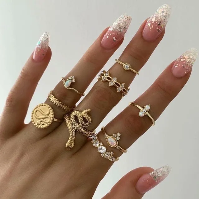 Bohemian Gold Chain Moon Star Heart Leaf Rings Set For Women