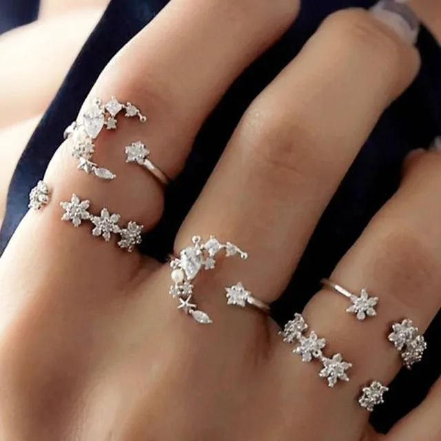 Bohemian Gold Chain Moon Star Heart Leaf Rings Set For Women