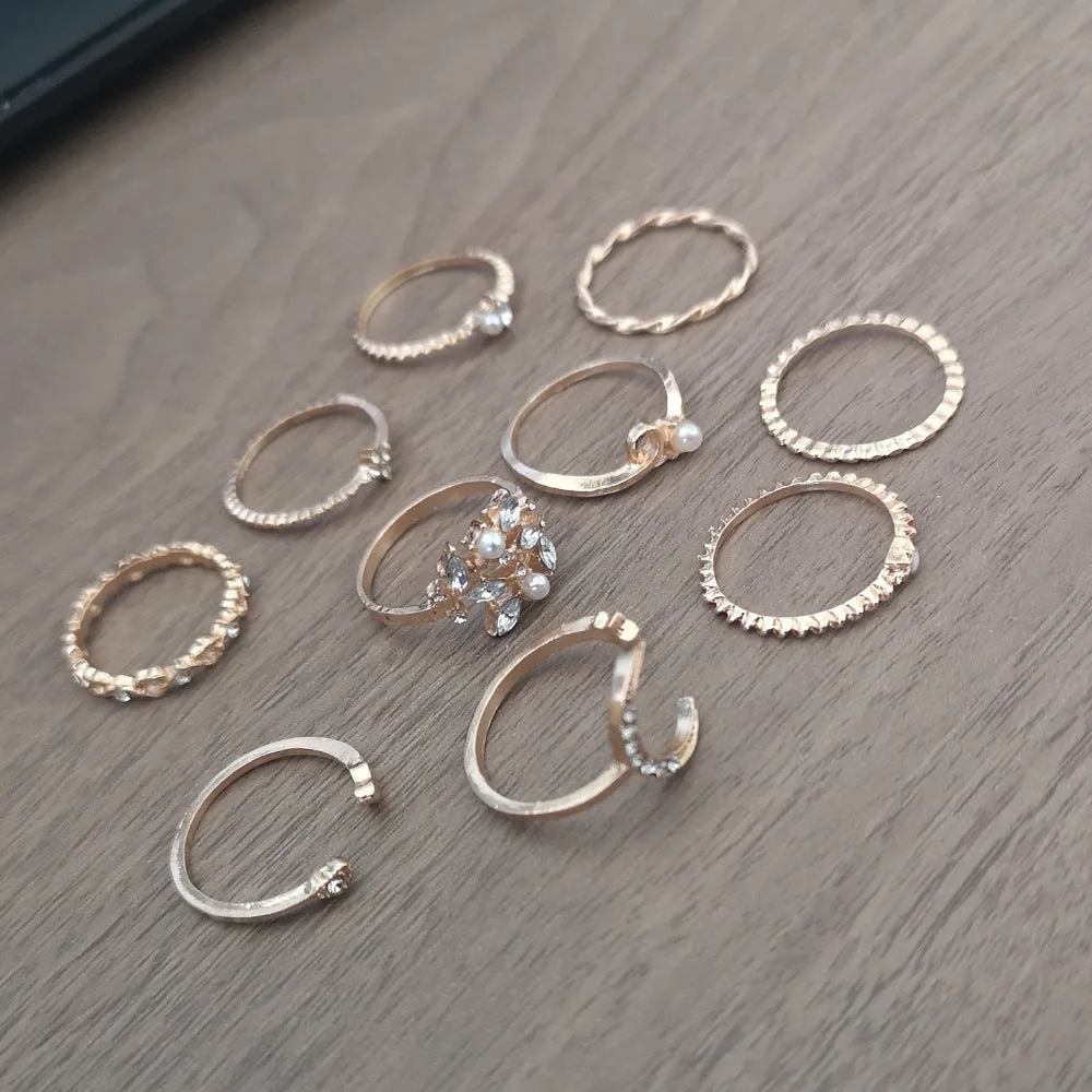 Bohemian Gold Chain Moon Star Heart Leaf Rings Set For Women