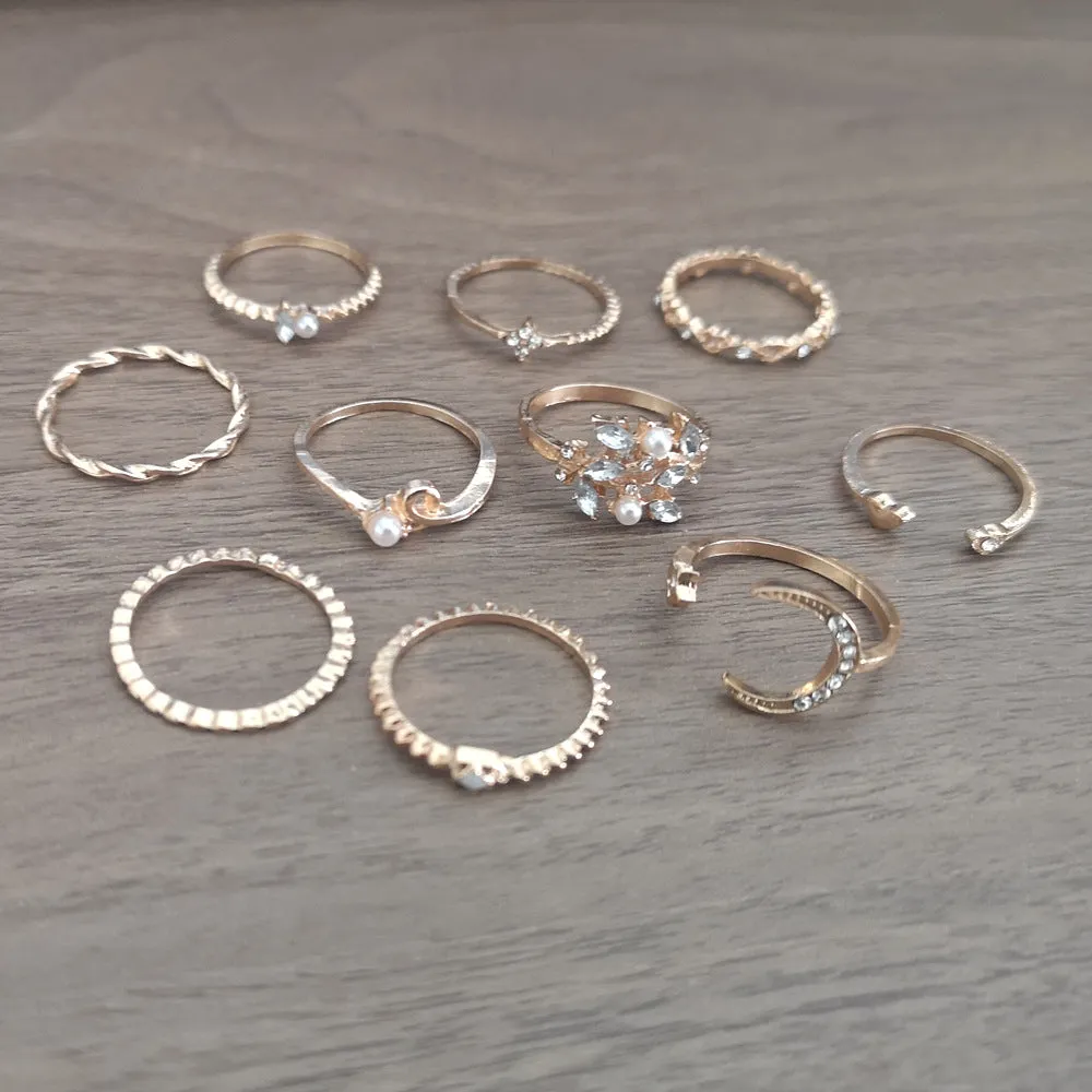 Bohemian Gold Chain Moon Star Heart Leaf Rings Set For Women