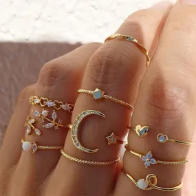 Bohemian Gold Chain Moon Star Heart Leaf Rings Set For Women