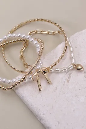 Bow Pearl Rhinestone Bar Bangle Set