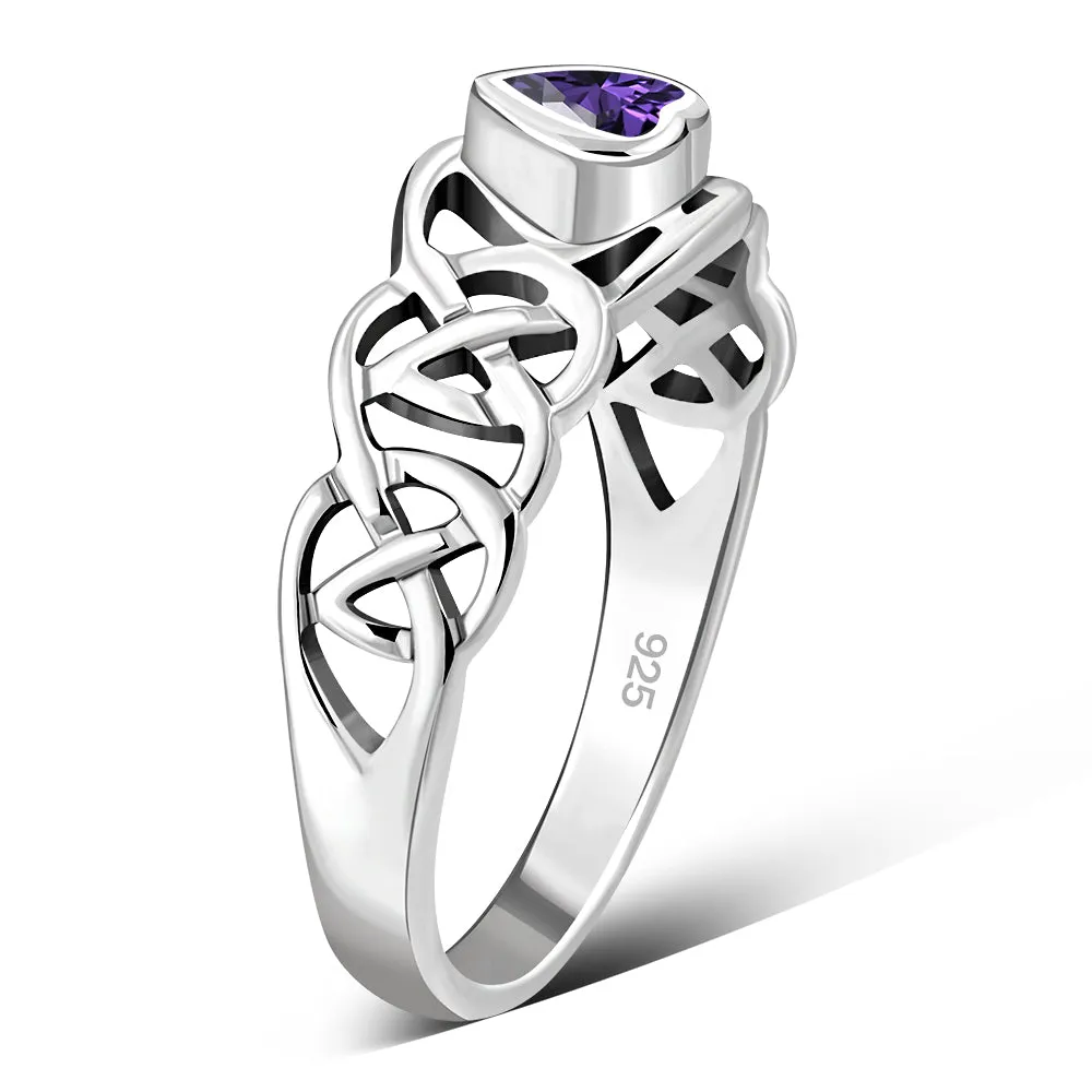 Celtic Knot Amethyst CZ Heart Silver Ring