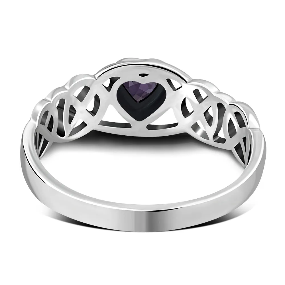 Celtic Knot Amethyst CZ Heart Silver Ring