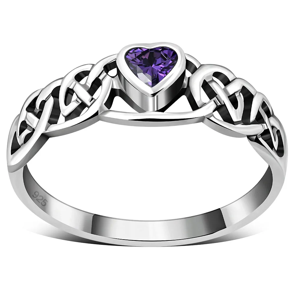 Celtic Knot Amethyst CZ Heart Silver Ring