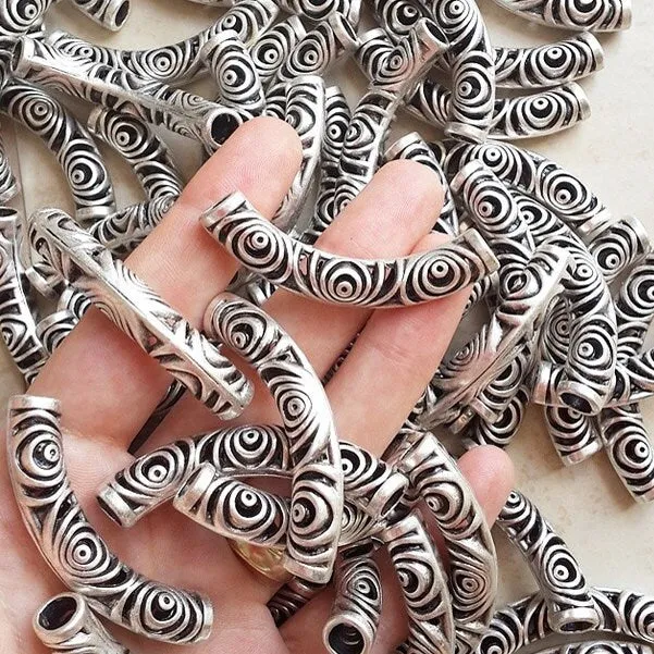 Circle Fretwork Curve Tube Bead Spacer - Matte Antique Silver Plated - 1 pc