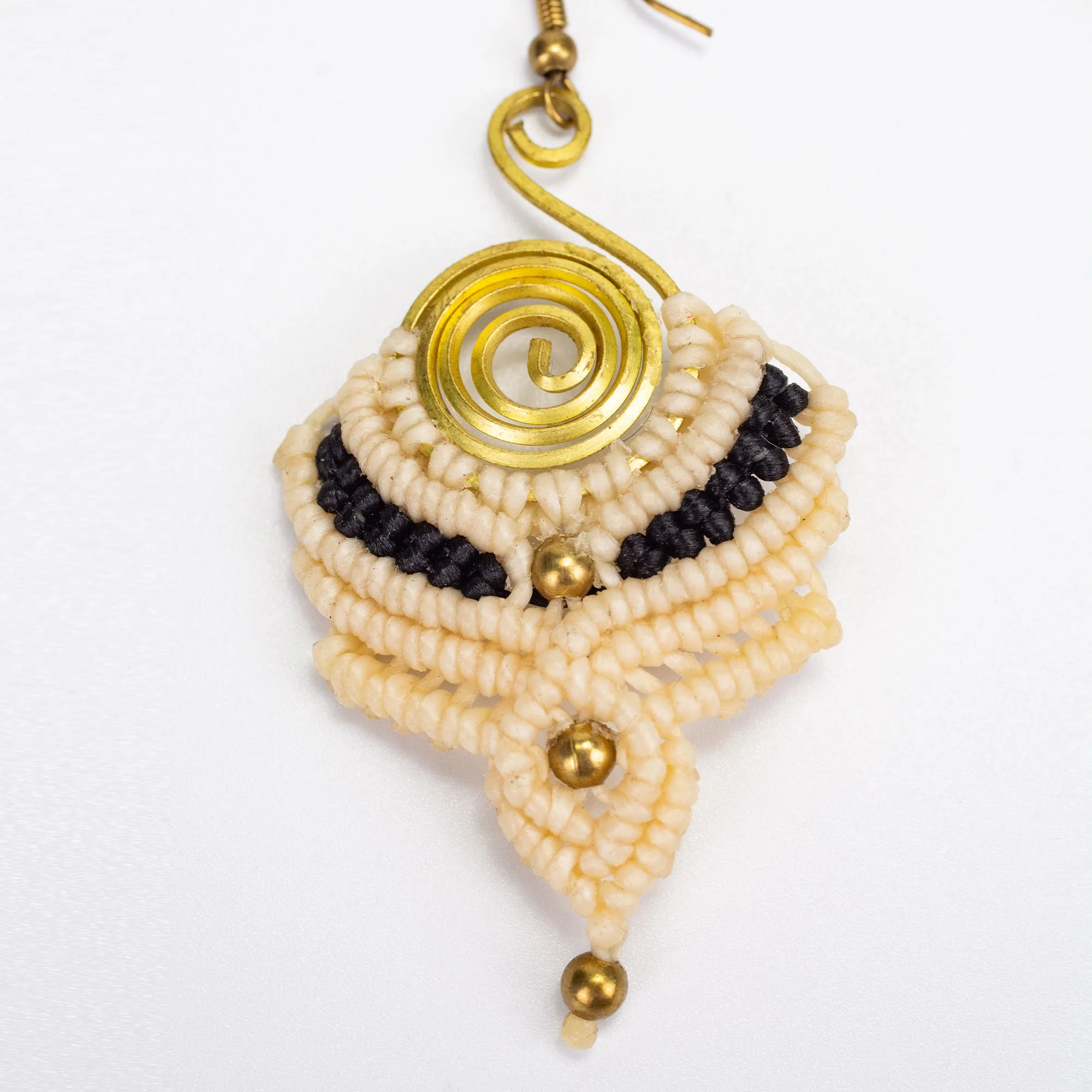 Cream Black Waxed String Spiral Brass Earrings