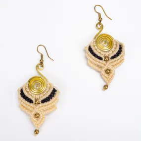 Cream Black Waxed String Spiral Brass Earrings