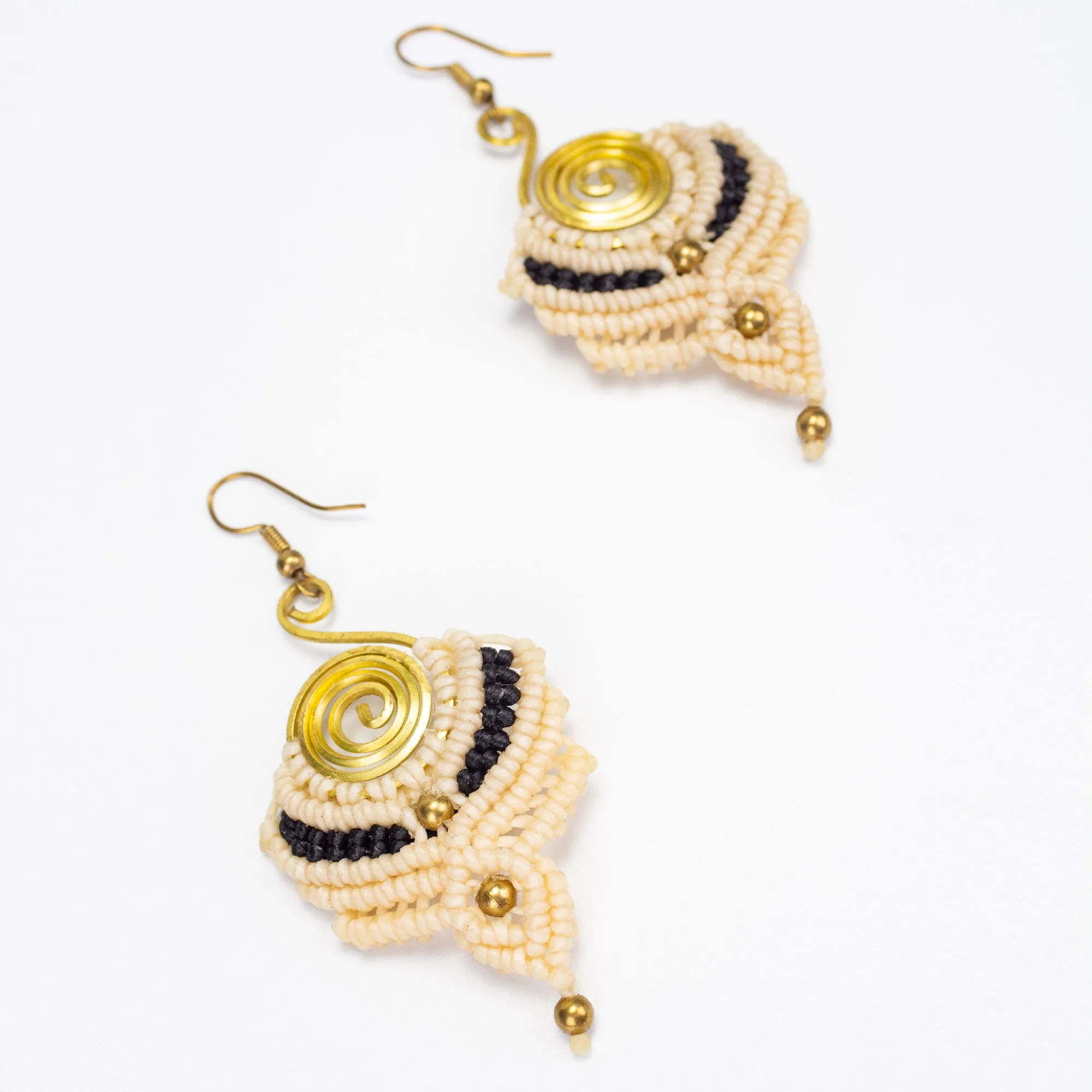 Cream Black Waxed String Spiral Brass Earrings