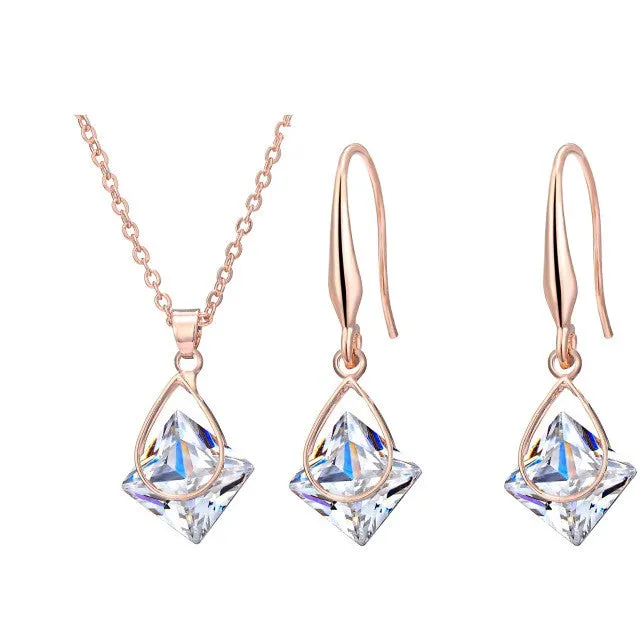 Cubic Zircon Rose Plated Gold Necklace And Dangle Drop Earrings for Women