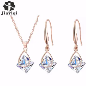 Cubic Zircon Rose Plated Gold Necklace And Dangle Drop Earrings for Women