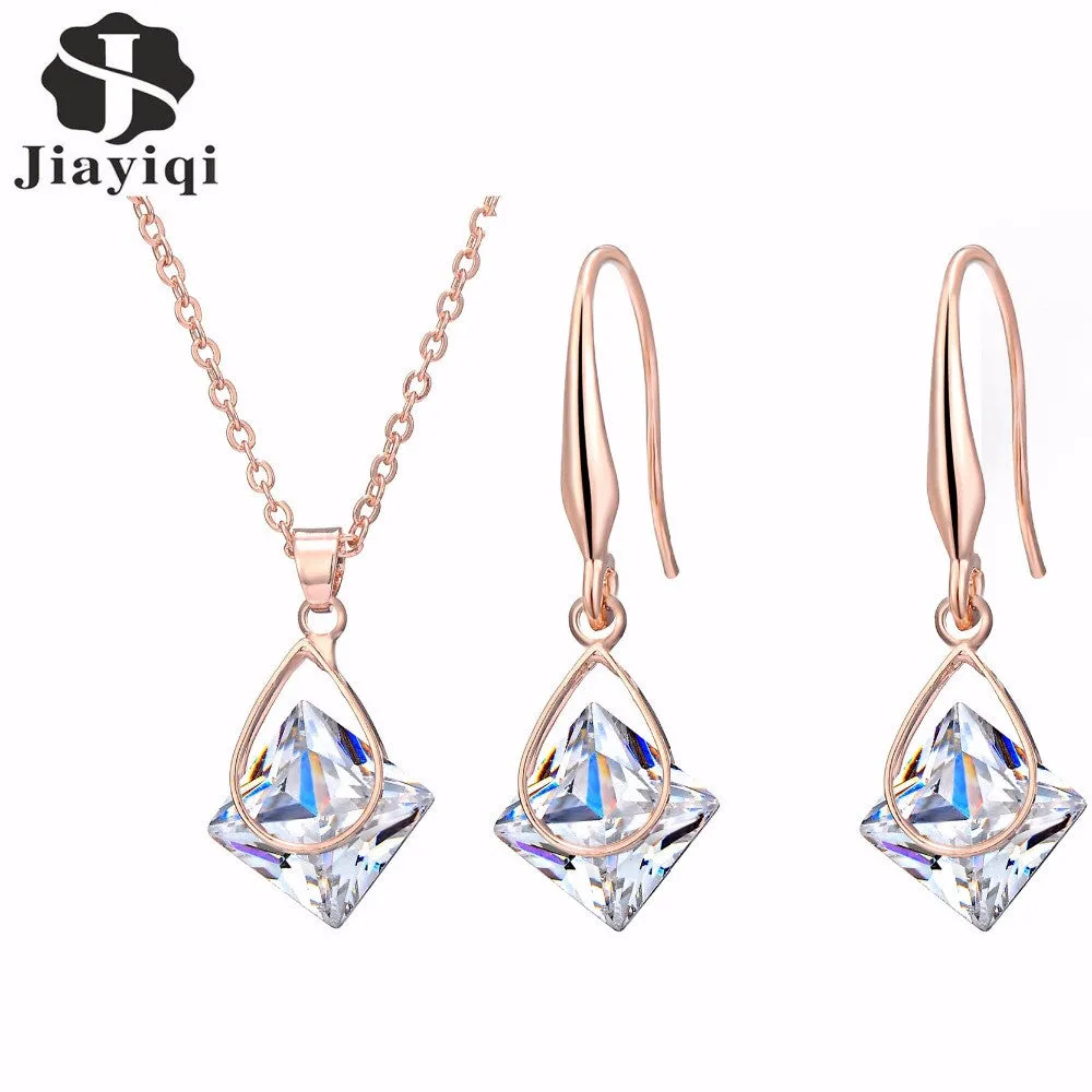 Cubic Zircon Rose Plated Gold Necklace And Dangle Drop Earrings for Women