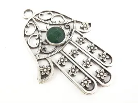 Extra Large Hamsa Hand of Fatima Pendant Round Deep Green Jade - Matte Anitque Silver Plated - 1PC