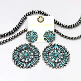 Faux Navajo Cluster Drop Silver Tone Earrings in Turquoise Blue