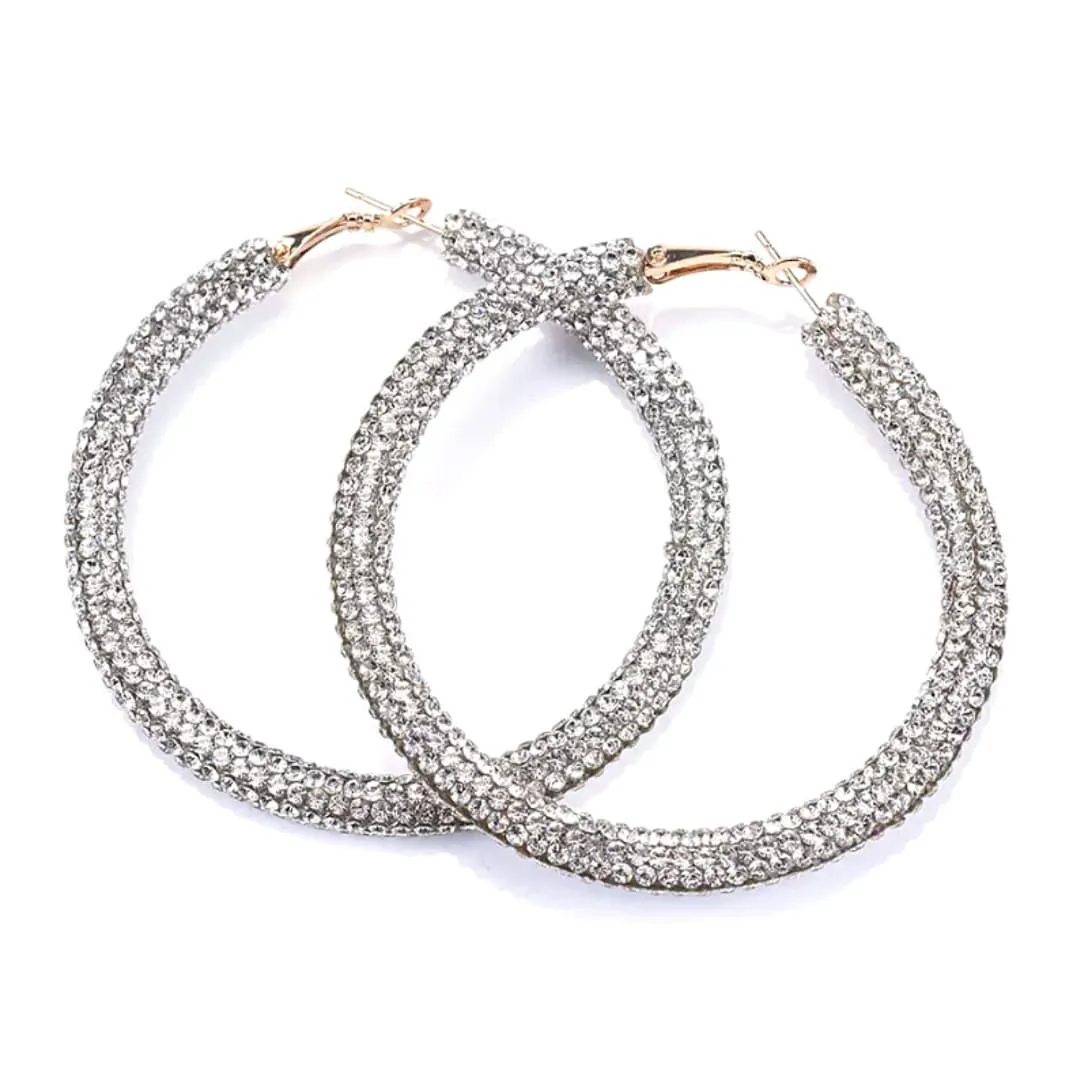 Glittering Extra Large Silver Rhinestone Hoop Earrings