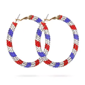 Glittering Large Patriotic Red White and Blue Rhinestone Hoop Earrings