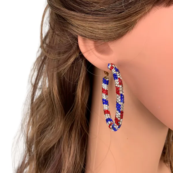 Glittering Large Patriotic Red White and Blue Rhinestone Hoop Earrings