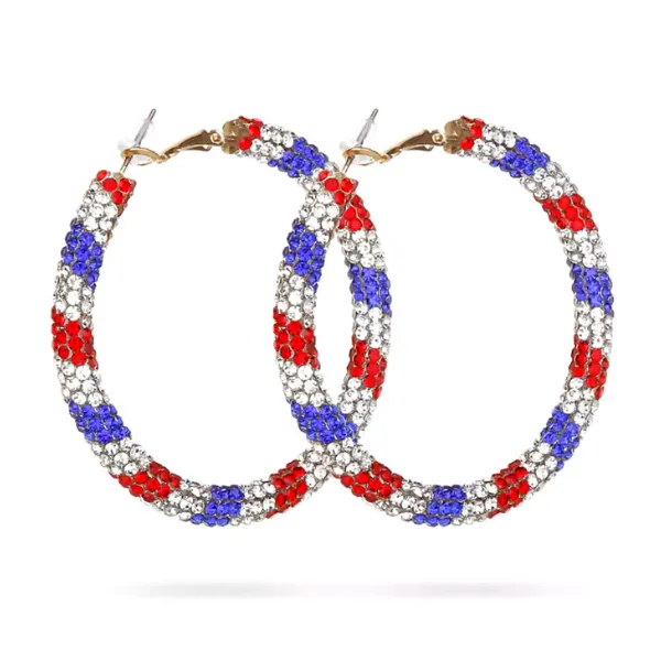Glittering Large Patriotic Red White and Blue Rhinestone Hoop Earrings