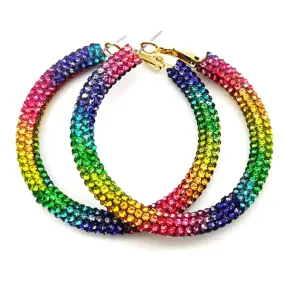 Glittering Large Rainbow Rhinestone Hoop Earrings