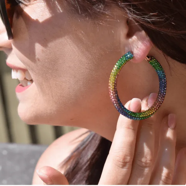 Glittering Large Rainbow Rhinestone Hoop Earrings