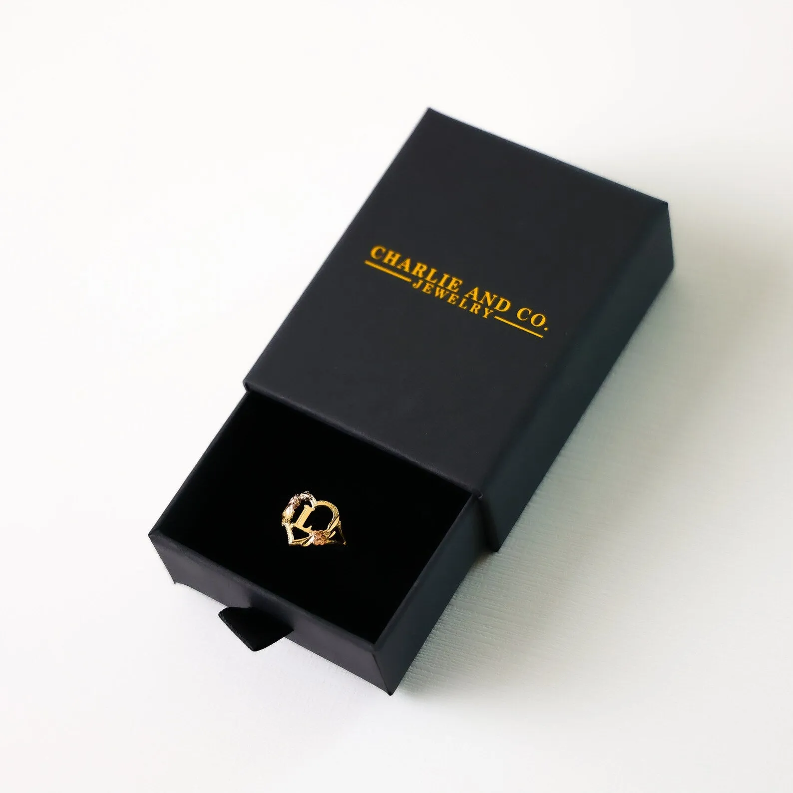 Gold Heart & Rose Initial "L" Ring