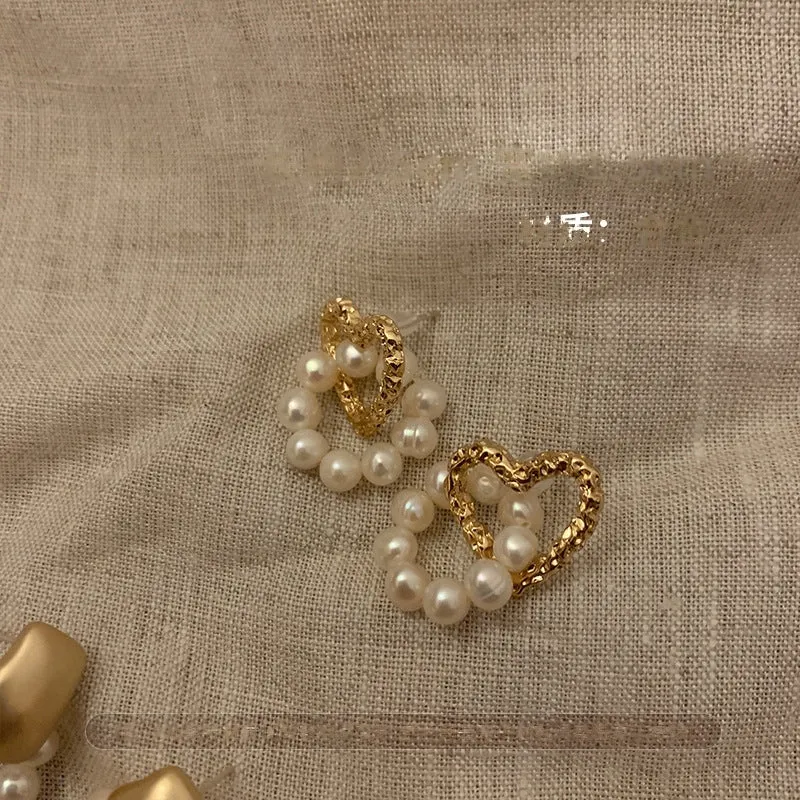 Gold Heart Pearl Hoop Earrings jlt11770