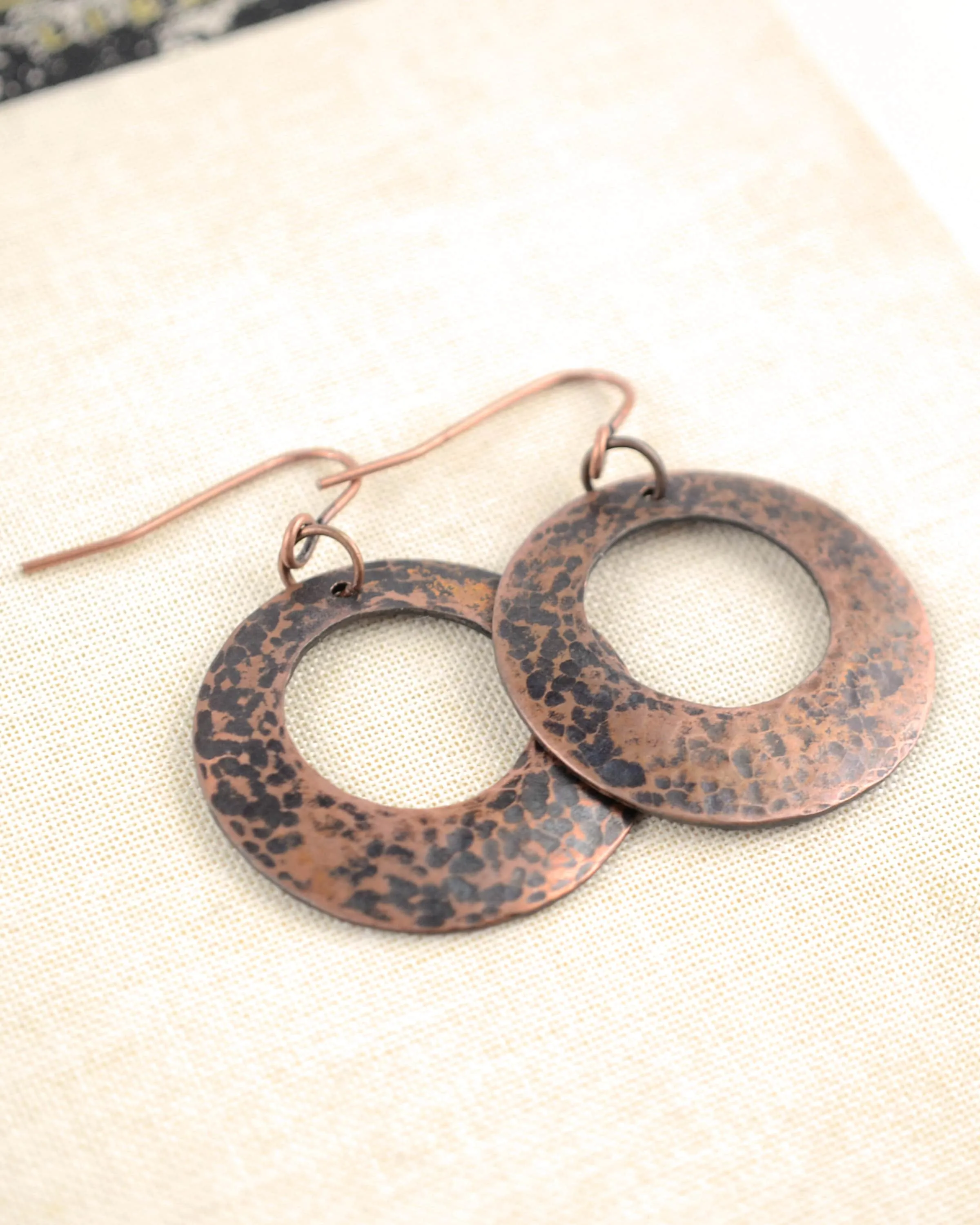 Hammered antique copper hoop earrings, romantic gift, boho copper anniversary
