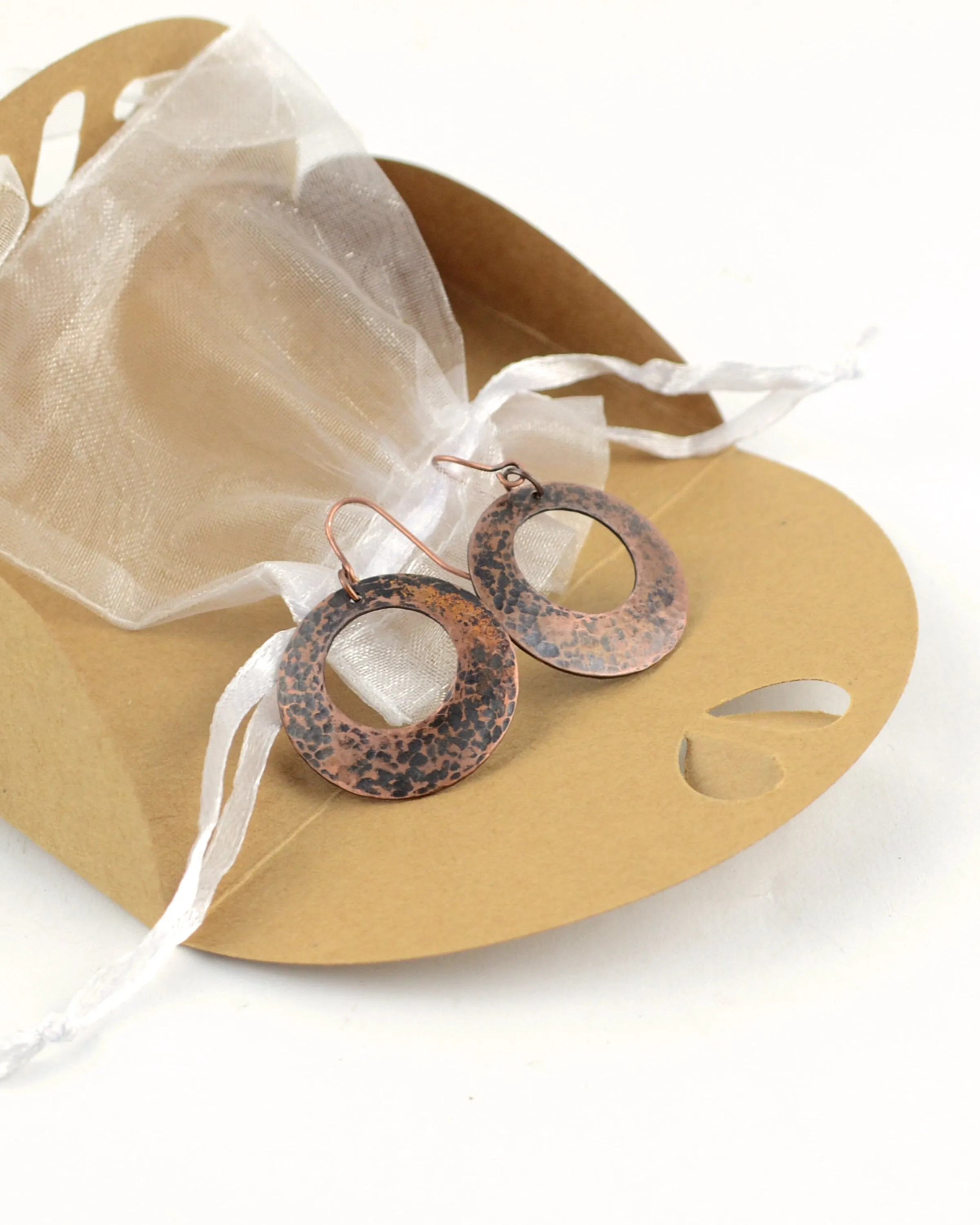 Hammered antique copper hoop earrings, romantic gift, boho copper anniversary